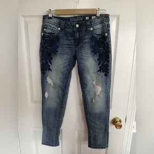Miss Me Distressed Ankle Skinny Jeans Size 28 Floral Embroidery
